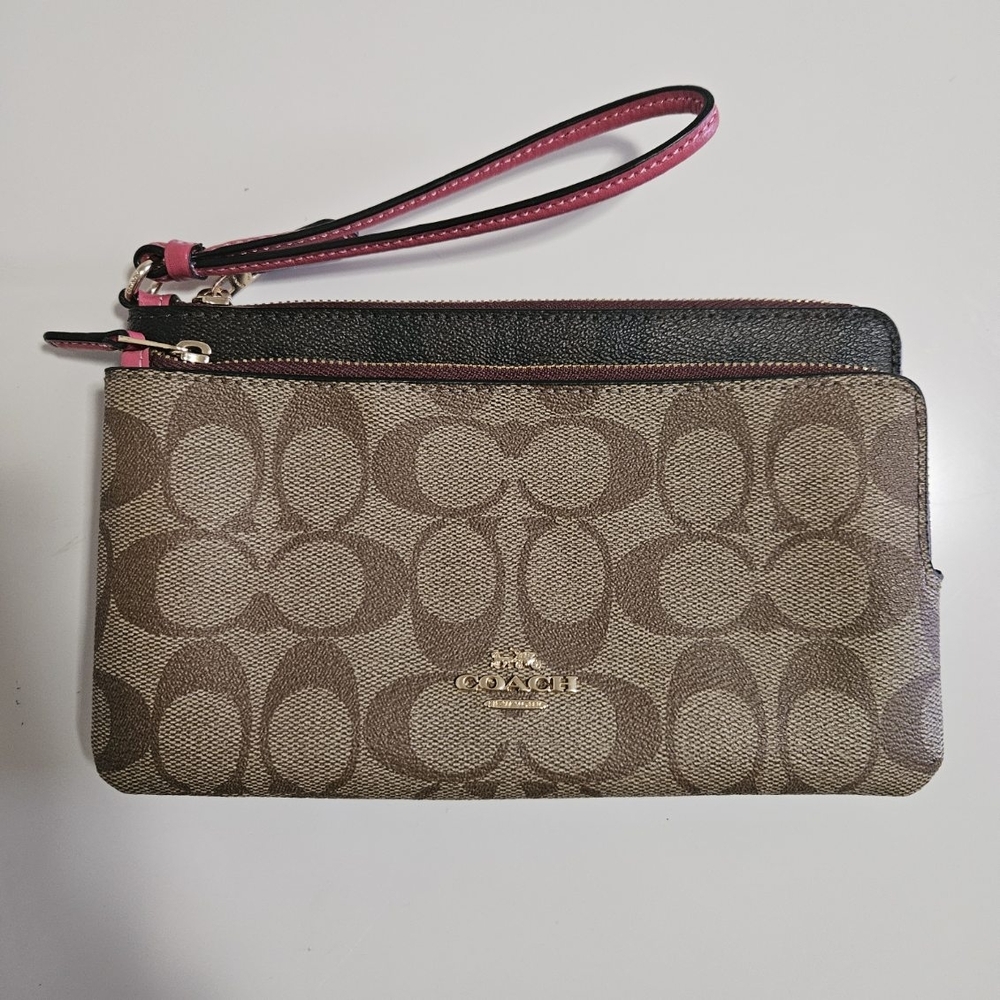 Coach Tan and Black Wristlet with Pink Trim
